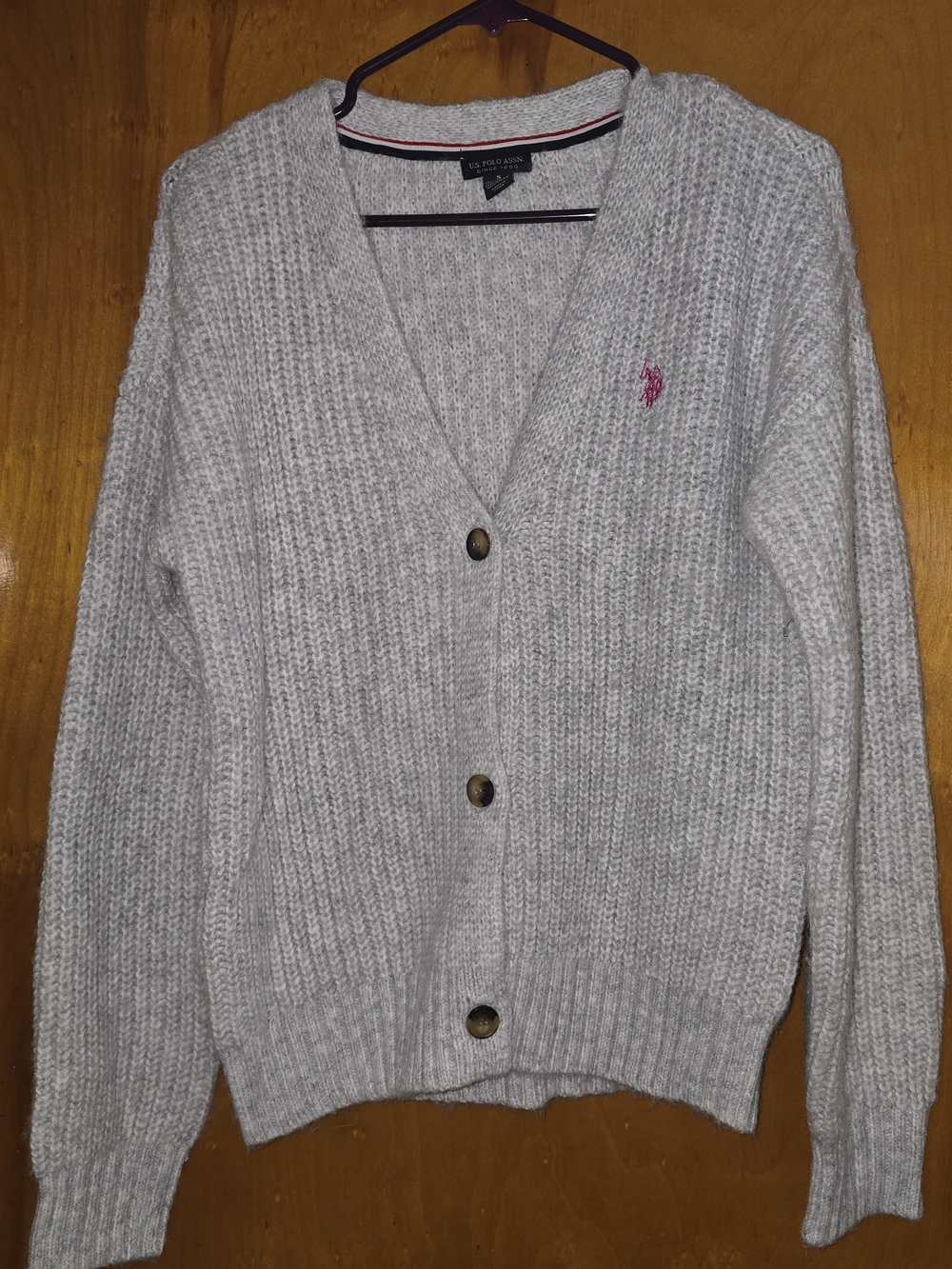 U.S. Polo Assn. Light Gray Knit V-Neck Button Cardigan with Pink Logo